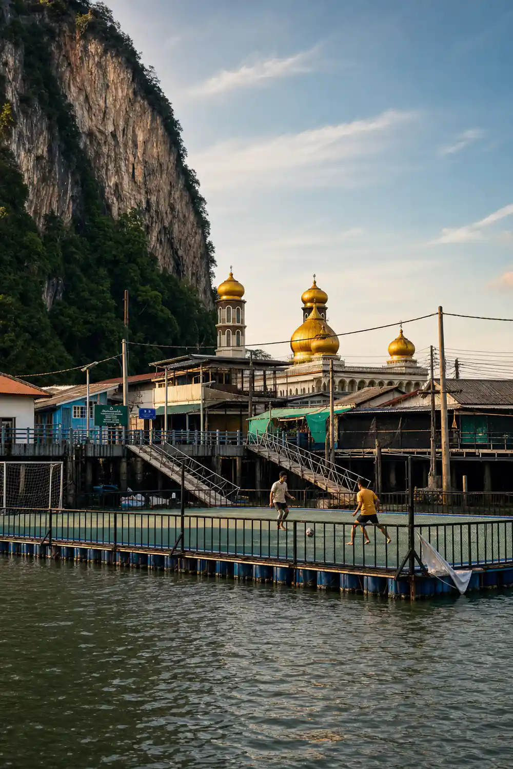 Buddhist temple with golden domes under limestone cliff