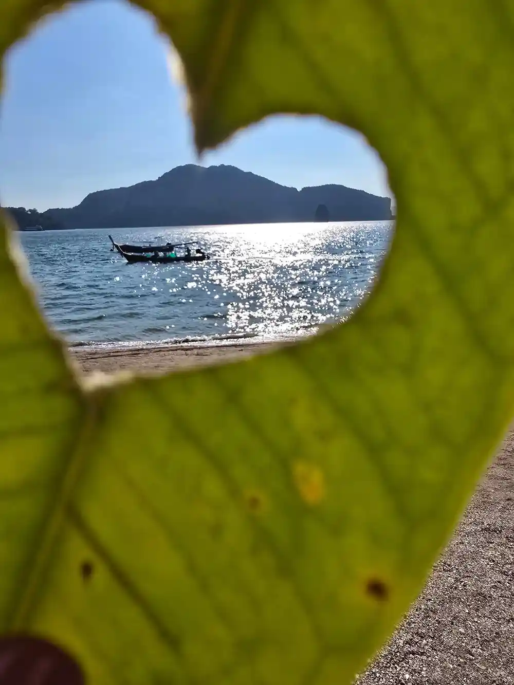 Distant island and boat viewed through green leaf hole