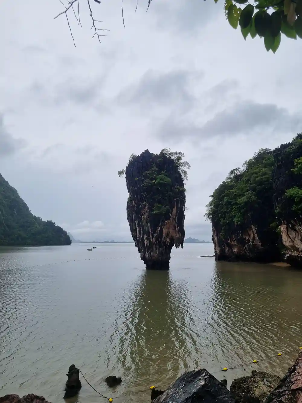 Tall limestone rock formation in shallow water