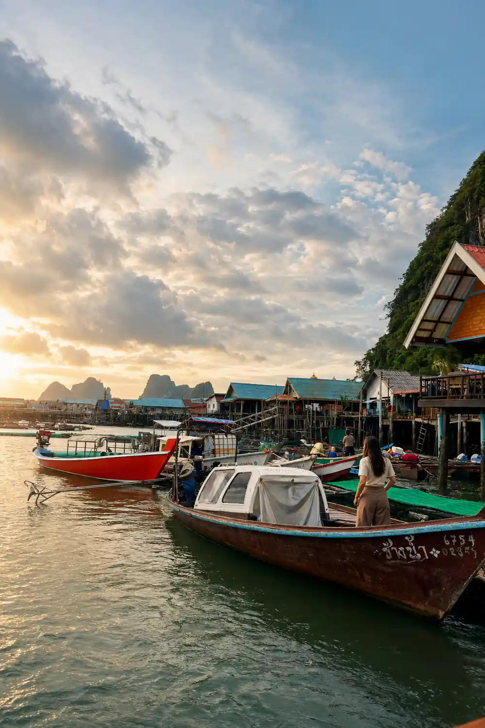 Traditional wooden boats moored in shallow coastal water